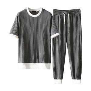 Tracksuits voor heren zomer heren set 1 topbroek massief kleuren zak stretchy round nek plooien outfit voor kantoormode mannelijke kledinglieden