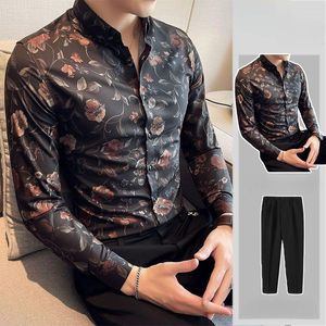 Survêtements pour hommes été hommes ensemble costume chemise à fleurs et pantalon mince haut à manches longues bas assortis mode 2 pièces tenue homme BS133