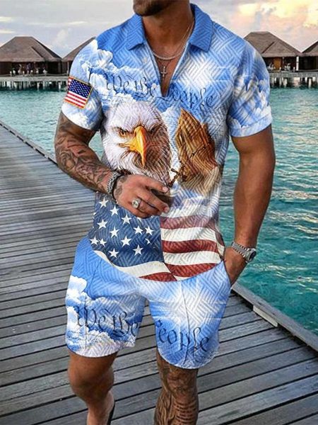 Survêtements pour hommes Summer Hommes 3D Modèle Imprimer Casual Sportswear O-Cou Surdimensionné Polo Shirt Shorts Revers T-shirt Costume Zipper Stand Collier