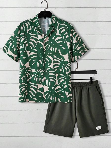 Parcours masculins Summer Summer Men et femmes Tenues à manches courtes Tropical Palm Tree Print Fashion Butt Up Shirts Shorts