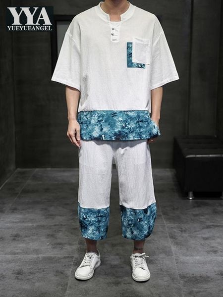 Chándales para hombre Conjunto de dos piezas de lino y algodón informal de verano para hombre, pantalones de media pantorrilla con estampado floral, chándal con cuello alto, conjuntos de tops 230228