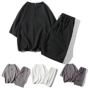 Survêtements pour hommes été hommes ensembles décontractés plage manches courtes bouton col en V chemise shorts de bain 2 pièces Streetwear Imitation coton lin