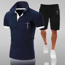 Survêtements pour hommes Summer Men I Believe In Christian Jesus Print Solid Color Sports Shirt Black Five Pants Casual Street SuitMen's Men'sMen's