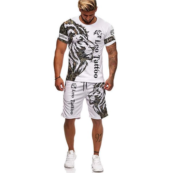 Chándales para hombres Verano para hombres tatuaje animal blanco manga corta león 3D impreso O-cuello camiseta y pantalones cortos conjunto ropa deportiva casual P230605 bueno