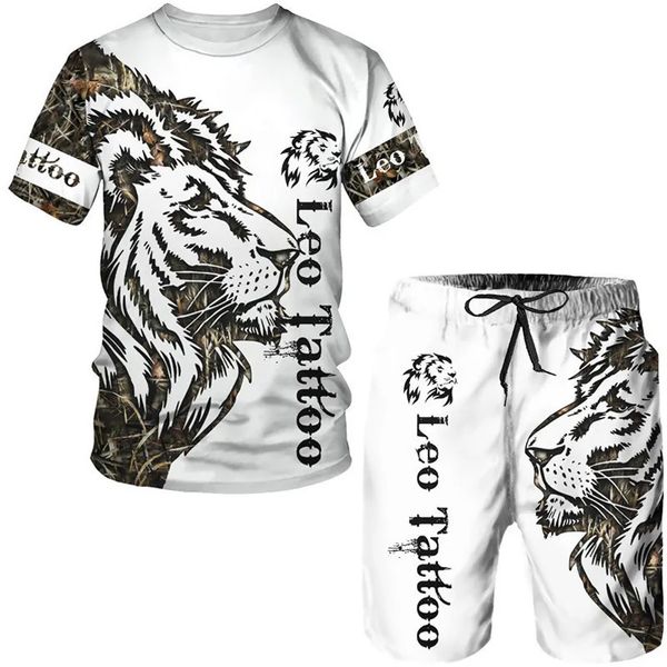 Survêtements pour hommes Été Hommes Tatouage Animal Blanc T-shirt à manches courtes Le Lion 3D Imprimé O-Cou Tees Shorts Costume Casual Sportwear Survêtement Ensemble 231009