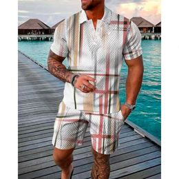 Chándales de los hombres Verano Moda de los hombres Impreso en 3D Camisa de polo Pantalones cortos de playa Conjuntos sueltos Solapa delgada Casual Traje de manga corta Chándal de gran tamaño 230719