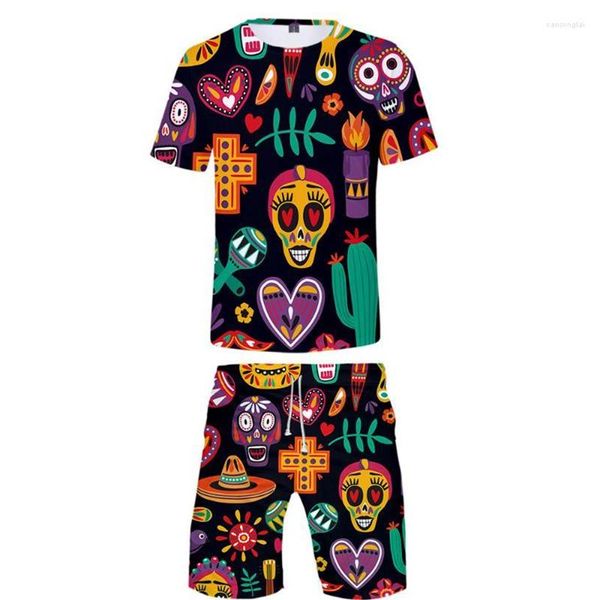 Chándales para hombres Conjuntos de verano para hombres Día de los muertos Sugar Skull Camiseta de manga corta con estampado 3D y pantalones cortos de playa de dos piezas 2754