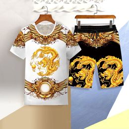 Chándales de los hombres Traje de ropa deportiva de verano para hombres 3D Tiger Traje de manga corta Casual Slim T-shirt Shorts Chinese Dragon Printed Sports Sets 230726