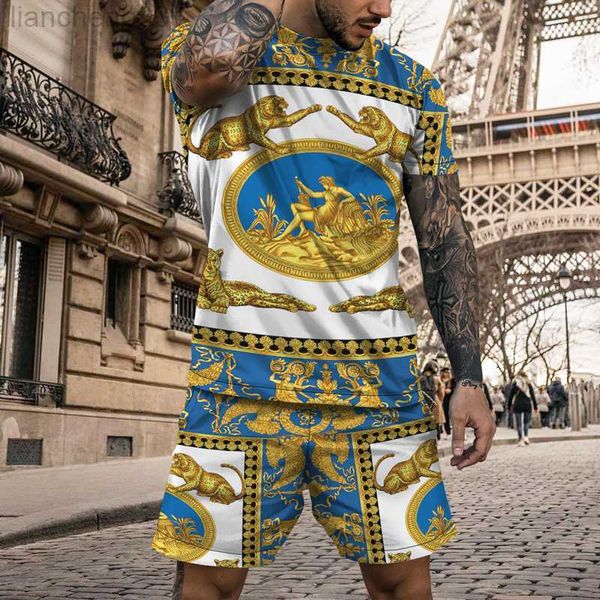 Costumes pour hommes Summer Men's Costume Gold Motif T-shirt imprimé Short 2 pièces Ensemble Prestige et élégant Vêtements décontractés High Street Chemise baroque W0329