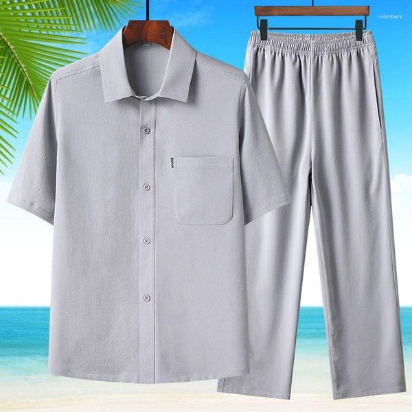 Chándales para hombres Conjunto de ropa de verano para hombres (pantalones de camisa) Seda de hielo Suelto Casual Cuello vuelto de 2 piezas con bolsillos Pantalones de manga corta