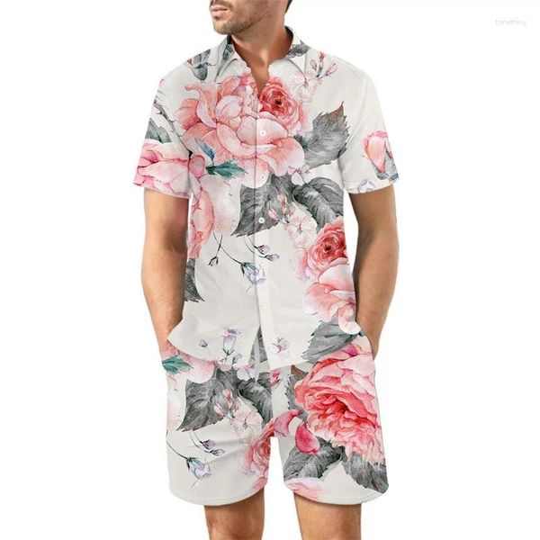 Chándales para hombres Conjuntos de camisas de verano para hombres Patrón de flores con estampado 3D Manga corta Casual Pantalones cortos de playa de gran tamaño Trajes de hombre hawaiano Ropa