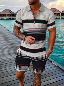 Chándales de verano para hombre, polo de manga corta, pantalones cortos de playa, estampado 3D, cuello con cremallera, conjunto deportivo de 2 piezas, moda informal de alta calidad