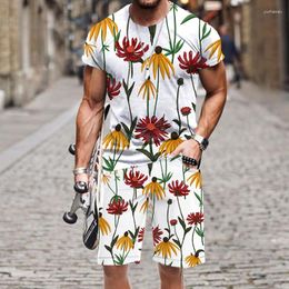 Survêtements pour hommes été hommes shorts ensemble 3D fleurs de plantes tropicales imprimer chemise hawaïenne et vêtements de plage vêtements de vacances deux pièces vêtements de plage