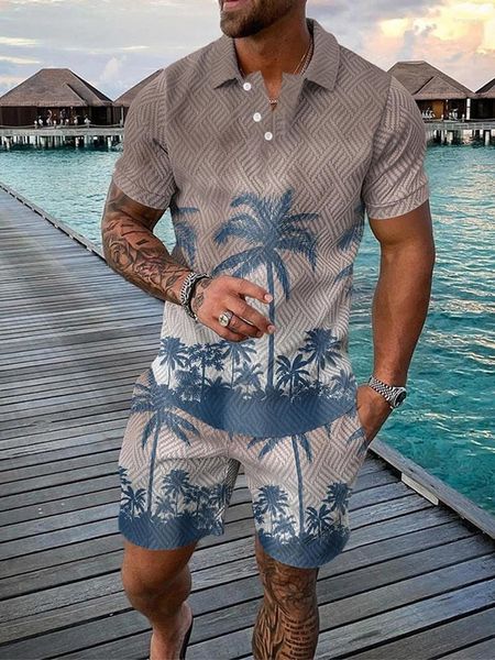 Parcours masculins Summer des hommes Summer 3D Impression de noix de coco plage bouton Polo short en deux pièces Fashion Casual Man Clothing Tracksul