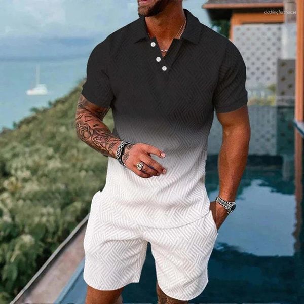 Parcours masculins Summer des hommes Suit 3D Imprimé Colorant Gradient Polo Short Two Piece Soft Fashion Casual Casual Clothing Tracksuis