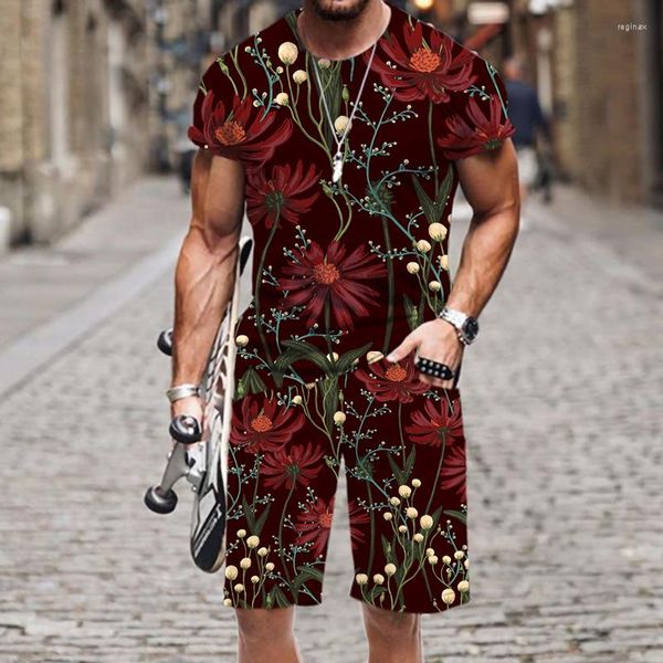 Chándales para hombre, traje de verano para hombre, camiseta de manga corta, pantalones, 2 uds., estampado de flores botánicas Vintage, conjuntos estampados en 3D, chándal de gran tamaño