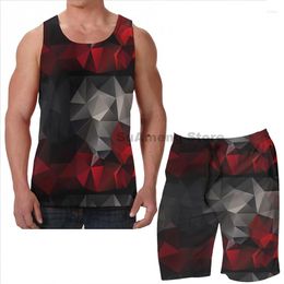 Heren Trainingspakken Zomer Mannen Tank Tops Vrouwen Abstracte Achtergrond Van Driehoeken Veelhoek Behang In Zwarte Rode Kleuren Strand Shorts Sets