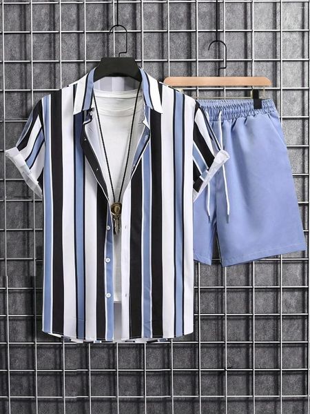 Trajes para hombres Verano Hombres Mujeres Camisa Conjuntos Impresión 3D Rayas retro Manga corta Casual Pantalones cortos de playa de gran tamaño Trajes de hombre hawaiano Ropa