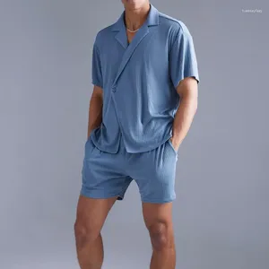 Chándales para hombres Trajes casuales de verano para hombres Camisas y pantalones cortos de manga corta azul oscuro Conjuntos de dos piezas Estilo de playa Trajes finos Ropa para hombres