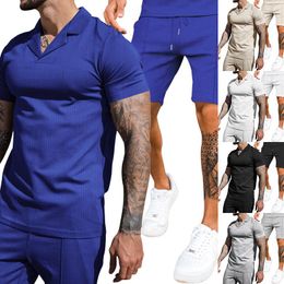 Chándales para hombres Verano para hombre Traje de polo casual Cremallera de solapa Camisa de manga corta sólida Pantalones cortos con cordón Conjuntos deportivos de 2 piezas