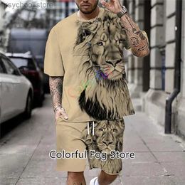 Survêtements pour hommes Summer Mens Fashion Two-Pièce Ensemble avec 3D Lion Print Mens T-shirt Short Set Casual Sportswear Vêtements surdimensionnés Jogging Set Q240314