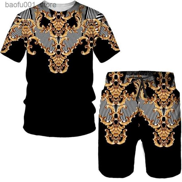 Chándales para hombres Verano para hombre Lujosa camiseta / pantalones cortos con estampado dorado / conjunto retro Impreso en 3D Conjunto de dos piezas de moda para correr Ropa de calle para hombre Q240228