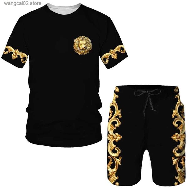 Survêtements pour hommes Été Hommes Ensembles Nouveau 3D Golden Chain Style Imprimer Vêtements Marque Court Slve Vintage Luxe Royal T-shirt Shorts 2 Pièces Costume T240402