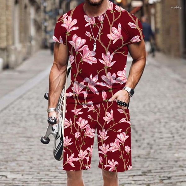 Survêtements pour hommes Ensembles d'été pour hommes T-shirt Shorts 2pcs Set Mode Plante Tropicale Fleurs Pantalon Harajuku Survêtement Respirant Joggers Costumes