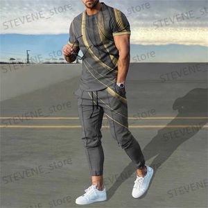 Trainingspakken voor heren Zomer Heren trainingspaksets Broek 2-delige set Gestreept bedrukt kort slve T-shirt + lange broek Strtwear Trend Mannelijke kleding T240326