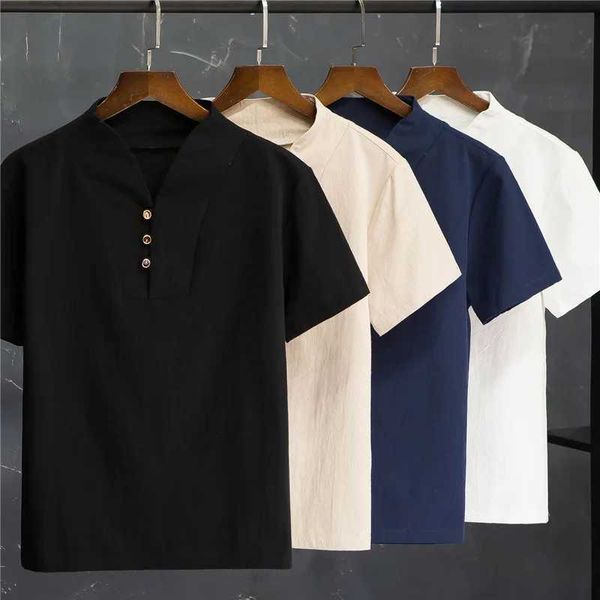 Survêtements pour hommes été nouveau coton lin à manches courtes t-shirt à col en v + pantalon à cordon de serrage mode vintage ensembles hommes couleur unie costumes décontractés