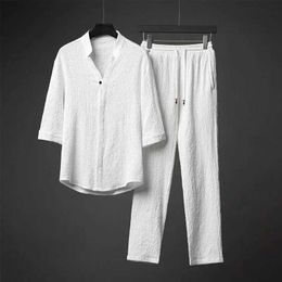 Survêtements pour hommes Été Nouveau Linge Ensemble Traditionnel Hommes Solide Tai Chi Uniforme Rétro Col En V Chemise À Manches Courtes Et Pantalon Deux Pièces Ensemble J240305