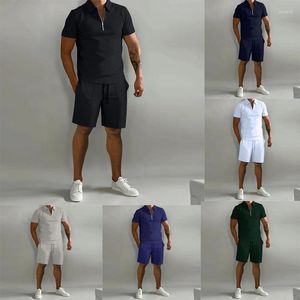 Survêtements pour hommes Summer Polo Shirt Shorts 2 pièces Ensembles Casual Zipper Loose Manches courtes Couleur unie Sports