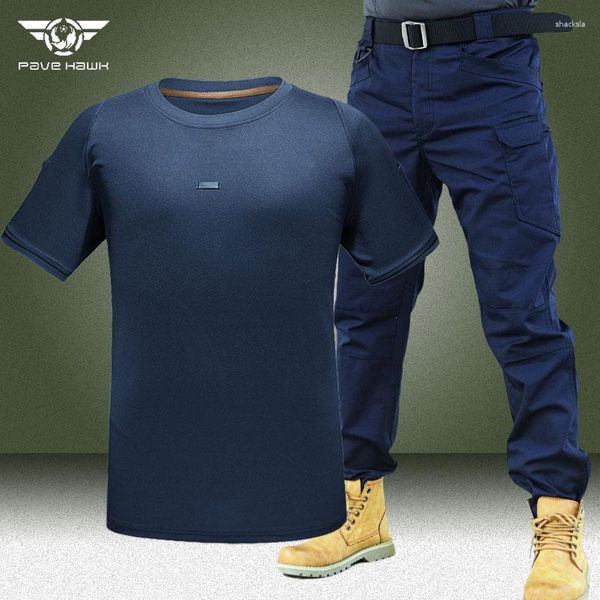 Survêtements Hommes Été Séchage Rapide Ensembles Hommes Militaire Respirant Manches Courtes T-shirts Armée Multi-poches Pantalon Cargo Imperméable Bleu