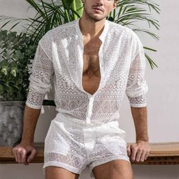 Survêtements pour hommes Ensemble d'été Hommes T-shirt à manches courtes Shorts Casual Holiday Beachwear Dentelle Sexy Top et Pantalon Deux Pièces Ensembles Homme Tenues Assorties 230707