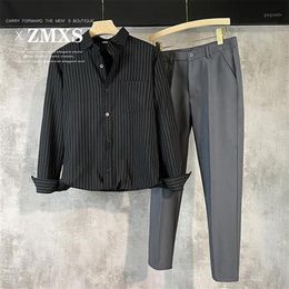 Survêtements pour hommes Chemise d'été Costume Deux pièces Version coréenne de la tendance rayée à manches longues Mode Pantalon droit à neuf points