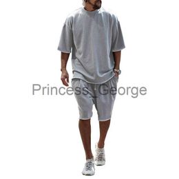 Survêtements pour hommes été style simple sport deux pièces ensembles décontracté hommes O cou t-shirt taille lâche short à lacets couleur unie hip hop costume masculin 2 x0627