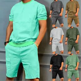 Men's Tracksuits Summer Solid 2 Piece Set Casual Top Tee Cargo Shorts Sets Mens Fashion Loose Sport Jogging Suit Clothing