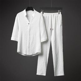 Survêtements pour hommes Style d'été Mode pour hommes Casual T-shirt de couleur unie Costume Ensemble deux pièces en coton et lin de haute qualité pour hommes 5XL 230511