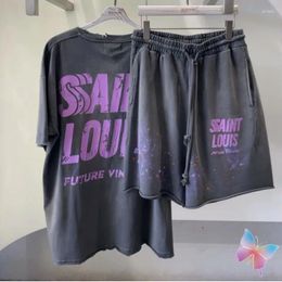 Suisses de survêtement masculines T-shirts d'été et pantalon concepteur de trou de lavage éclaboussé encre coton à manches courtes à manches vintage