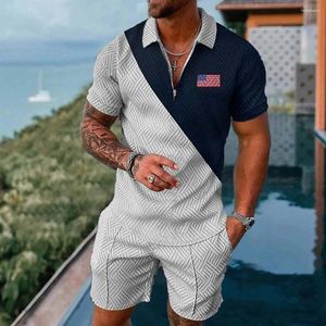 Survêtements pour hommes Survêtement d'été Polo à manches courtes Ensemble 3D Imprimer Zipper Revers T-shirt Shorts 2 pièces Costume décontracté Street Loose Outfit