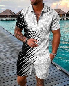 Chándales para hombres Tendencia de verano Conjunto de sudadera con gradiente de manchas en blanco y negro Estampado 3D Casual con cremallera Polo Camisa Pantalones cortos 2 piezas Conjuntos Ropa de hombre