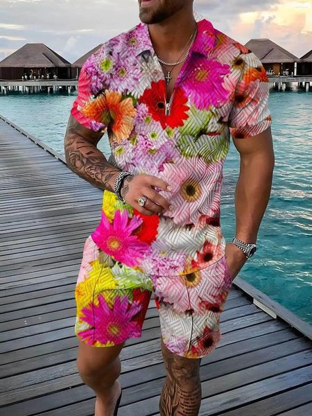 Spares para hombres Summer Trend Swits Set de color Flower Colorido 3D Collar Collar Collar Camiseta Shorts 2 PCS Sets Fashion Man Clother
