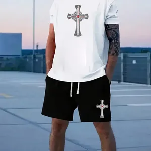 Survêtements pour hommes Summer Vintage T-shirt Set 2 pièces 3D Imprimer Jesus Cross Beach Sweat-shirt surdimensionné col rond Fashion Street Suit
