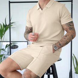 Men's Tracksuits Summer Waffle Polo Shirt And Shorts Two Piece Set Solid Casual Short Sleeve Pants Suit Men Outfits