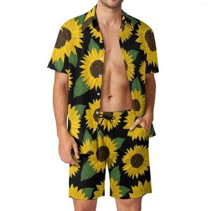 Parcours masculin Suisses de piste de tournesol et de feuilles hommes sets floral Design Fashion Casual Shirt Set Short-Sheeve Match Shorts Summer Beach Suit Big Taille