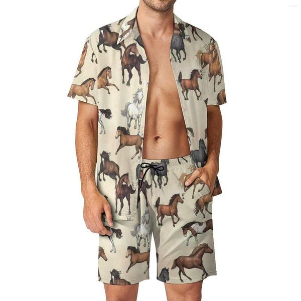 Chándales para hombres Sunset Horse Conjuntos para hombres Estampado animal Camisa casual Conjunto Hawaii Pantalones cortos de playa Traje gráfico de verano Ropa de 2 piezas Tamaño grande 2XL