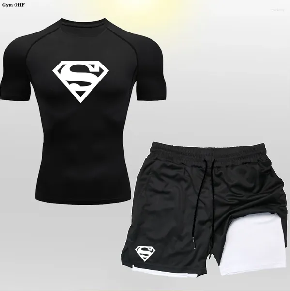 Suisses de survêtement masculines Super / Hero Compression Shirts 2 en 1 short Set Man Sportswear Fitness Gym Workout Kits Rash Guard