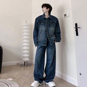 Survêtements pour hommes SYUHGFA Denim Veste Pantalon Tendance Ensemble Lâche Style Coréen Décontracté Deux Pièces Mode Lavé Droite Baggy Jeans Marée