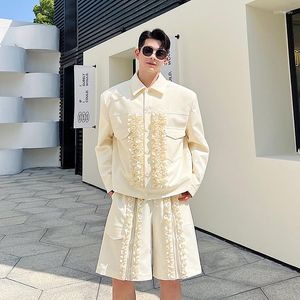 SYUHGFA Hommes À Manches Courtes Perle Veste Lâche Causal 2023 Printemps Été De Luxe Shorts Costume Coréen Mode Deux Pièces Ensembles