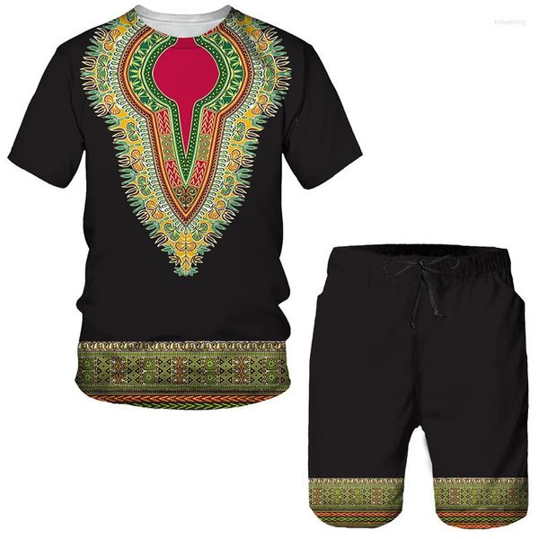 T-shirt de survêtement masculin SETTRES 3D PRINT AFRIGAN Dashiki Tracksuit ethnique T-shirts Short 2 pièces Streetwear Suit surdimensionné Sportswear